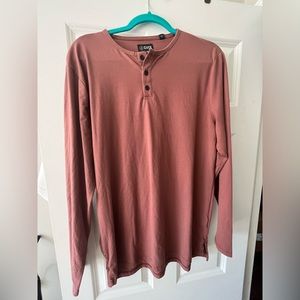Cuts Curve Hem Men's Large T-Shirt Henley Long Sleeve Stretch Button Tee Rust